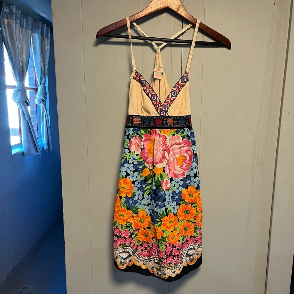 Y2K Flying Tomato Colorful Floral Embroidered Boho Babydoll Sundress Medium - Picture 1 of 12